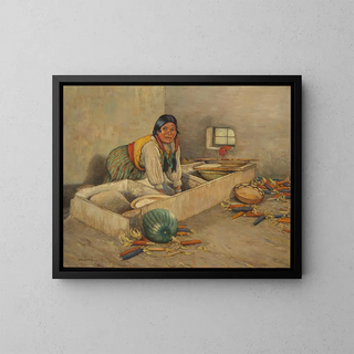 Woman Hopi corn form-fitting painting - Carl Moon — framed artwork on a wall