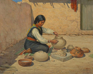 Femme hopi façonnant de la poterie - Carl Moon — artwork view