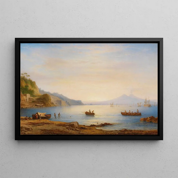 Bay in front of Naples with view of Mount Vesuvius - Carl Morgenstern — framed artwork on a wall