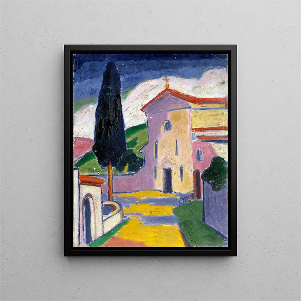 Church with cedar on the left - Carl Newman — framed artwork on a wall