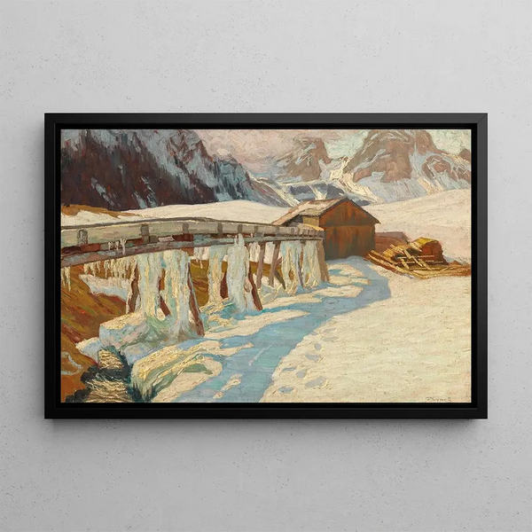 Winter landscape painting with mill - Carl O'Lynch de Town — framed artwork on a wall