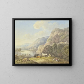 Mountain landscape painting with a lake - Carl Philipp Schallhas — framed artwork on a wall