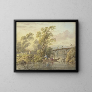 Landscape painting with a stream and a wooden bridge - Carl Philipp Schallhas — framed artwork on a wall