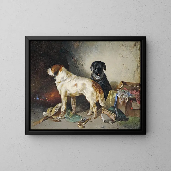 Two dogs with a clothing box - Carl Pischinger — framed artwork on a wall