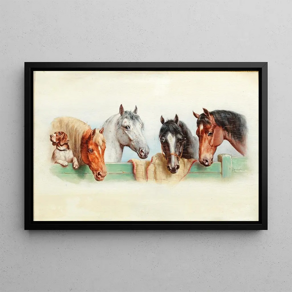 A dog and four horses - Carl Reichert — framed artwork on a wall