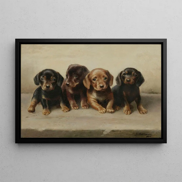 Four Dachshund Puppies - Carl Reichert — framed artwork on a wall