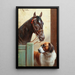 Friends, a bay and a Saint Bernard in a stable - Carl Reichert — framed artwork on a wall