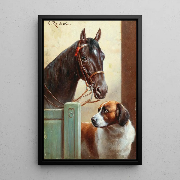 Friends, a bay and a Saint Bernard in a stable - Carl Reichert — framed artwork on a wall