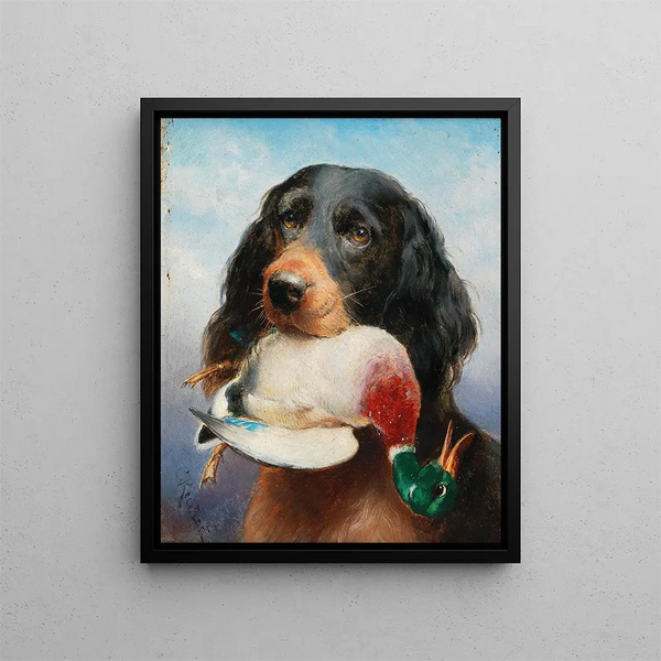 Setter Gordon with mallard duck - Carl Reichert — framed artwork on a wall