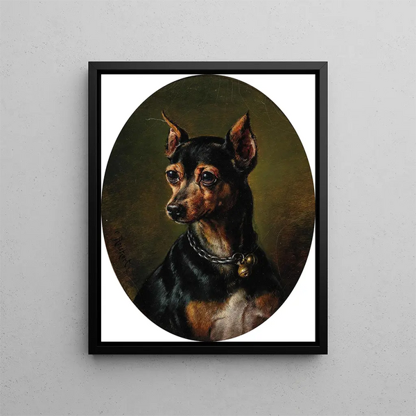 Pinscher painting with bell collar - Carl Reichert — framed artwork on a wall