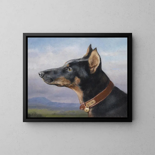 Portrait of a Doberman - Carl Reichert — framed artwork on a wall
