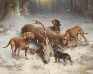 Hunting dogs with a shot deer - Carl Reichert — artwork view
