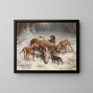 Hunting dogs with a shot deer - Carl Reichert — framed artwork on a wall