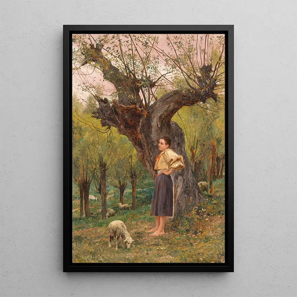 Young girl standing in front of a willow - Carl Rudolf Huber — framed artwork on a wall