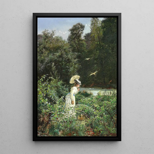 Young woman in a white dress picking raspberries at Ordrup Krat - Carl Schlichting Carlsen — framed artwork on a wall