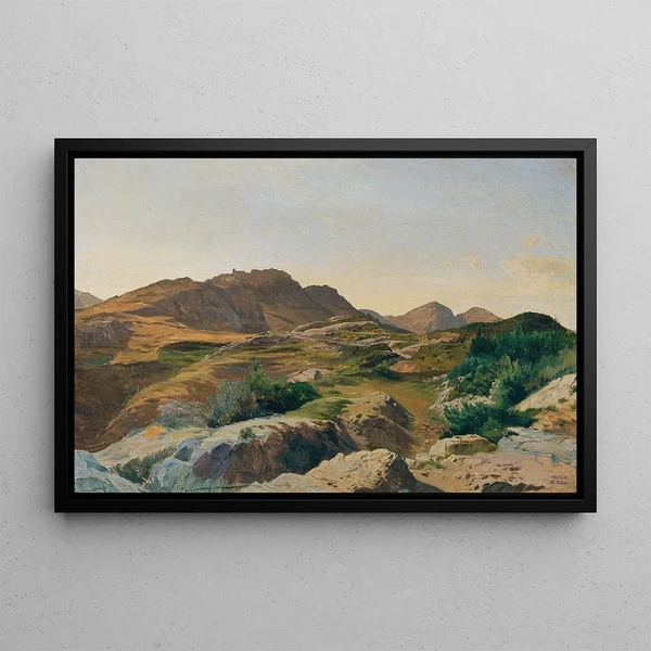 Landscape painting in the Sabine Mountains - Carl Schuch — framed artwork on a wall
