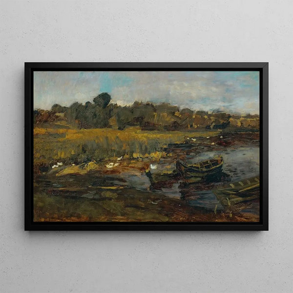 Landscape of Reeds at Schwielowsee with Ducks - Carl Schuch — framed artwork on a wall