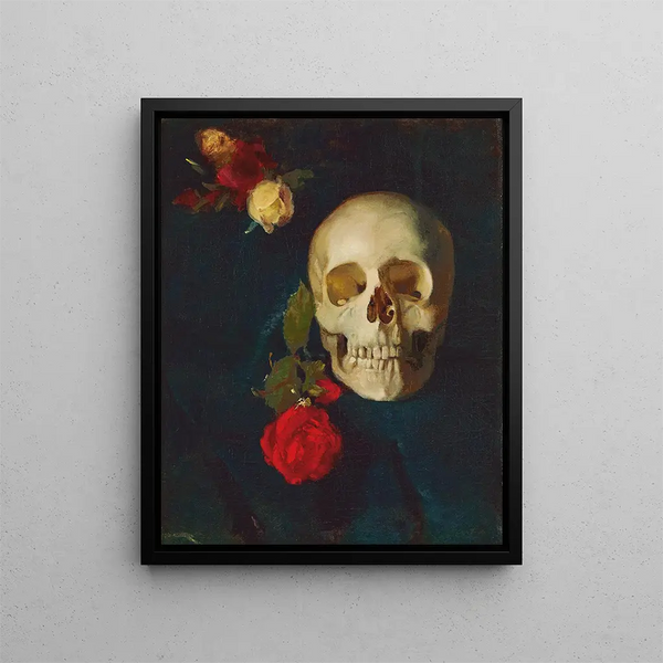 Skull with Roses - Carl Schuch — framed artwork on a wall