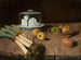 Still life with leeks, apples, and cheese - Carl Schuch — artwork view