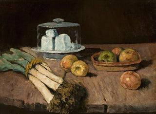 Still life with leeks, apples, and cheese - Carl Schuch — artwork view