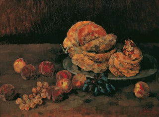 Still life with pumpkin, peach, and grapes - Carl Schuch — artwork view