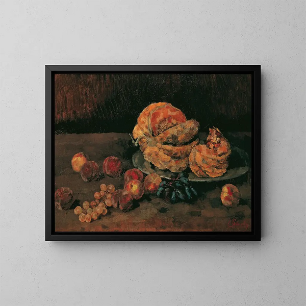 Still life with pumpkin, peach, and grapes - Carl Schuch — framed artwork on a wall
