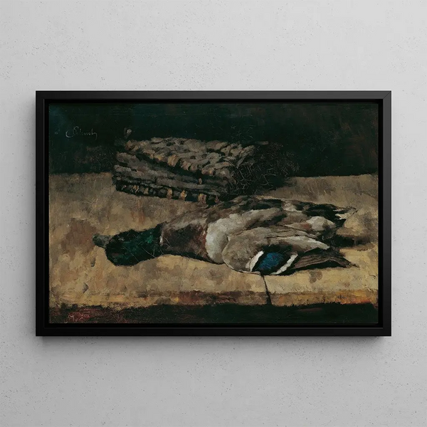 Nature Morte with Wild Duck and Hunting Bag I - Carl Schuch — framed artwork on a wall
