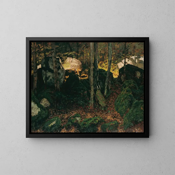 Interior forest painting near the Saut du Doubs - Carl Schuch — framed artwork on a wall