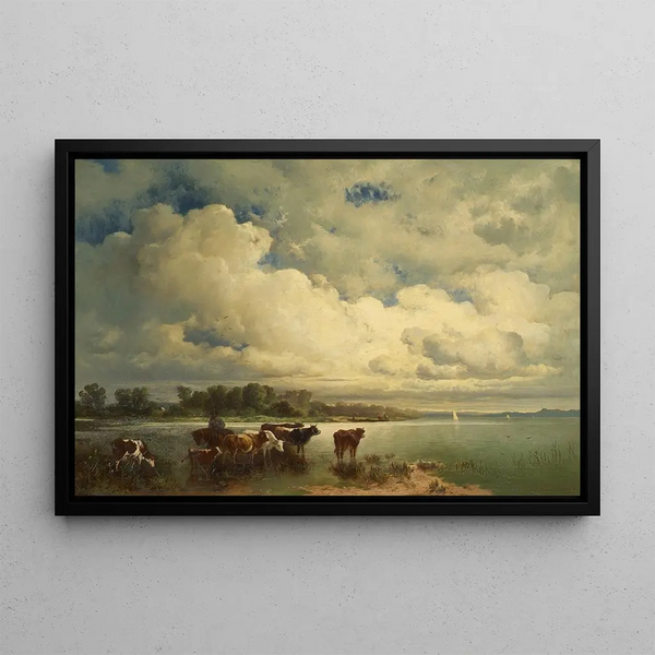 Water landscape painting with cows - Carl Schweninger — framed artwork on a wall