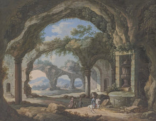 Interior of a cave supported by columns with, in a niche, a large vase - Carl Sebastian von Bemmel — artwork view