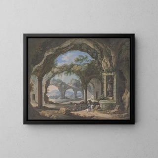 Interior of a cave supported by columns with, in a niche, a large vase - Carl Sebastian von Bemmel — framed artwork on a wall