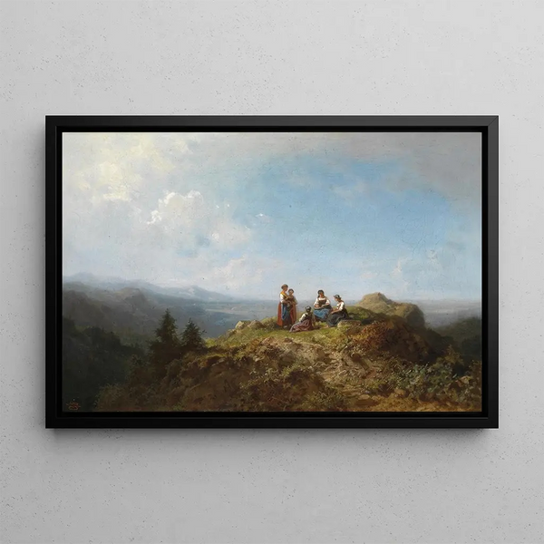 Young girls in traditional costume at the alpine pasture - Carl Spitzweg — framed artwork on a wall