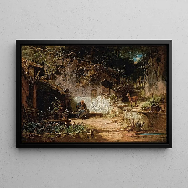 Hermit repairing his nets - Carl Spitzweg — framed artwork on a wall