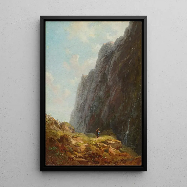 Mountain and the Milkmaid along a winding stone path - Carl Spitzweg — framed artwork on a wall