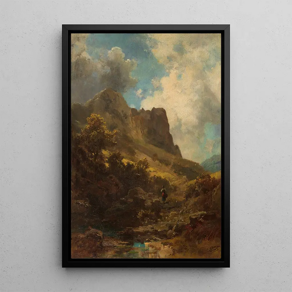 Gorge de la vallée avec bergère - Carl Spitzweg — framed artwork on a wall