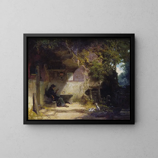 The Hermit in Front of His Retreat - Carl Spitzweg — framed artwork on a wall