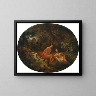 Women bathing in a forest pond - Carl Spitzweg — framed artwork on a wall