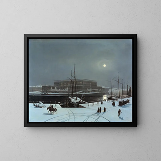 Vue du Palais Royal de Stockholm en hiver - Carl Stefan Bennet — framed artwork on a wall