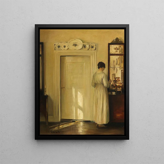 Interior painting with a woman making tea - Carl Vilhelm Holsøe — framed artwork on a wall