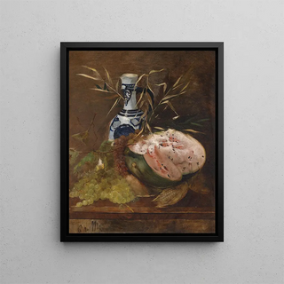 Still life with fruits and melon - Carl von Merode — framed artwork on a wall