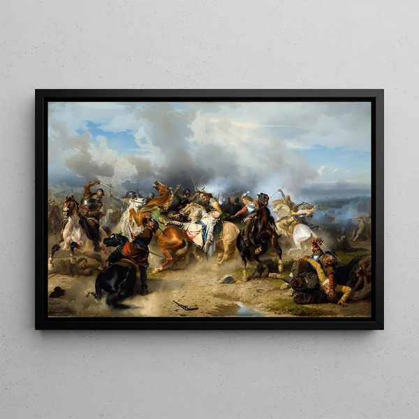 King Gustav II Adolf of Sweden's death at the Battle of Lützen - Carl Wahlbom — framed artwork on a wall
