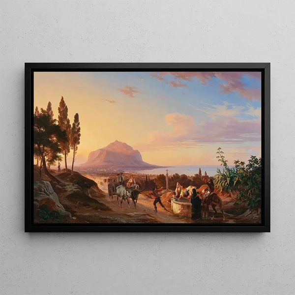 Voyageurs à une fontaine près de Palerme - Carl Wilhelm Götzloff — framed artwork on a wall