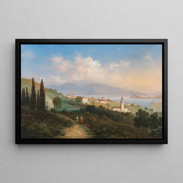View of Lake Como and Menaggio with Punta di Bellagio on the right - Carlo Bossoli — framed artwork on a wall