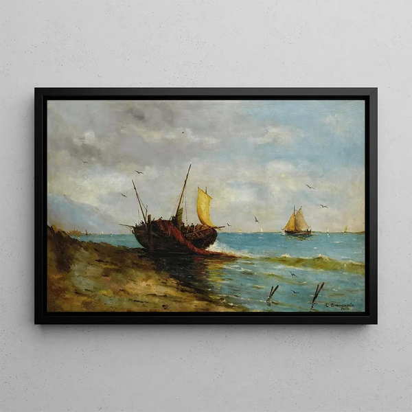Coastal view painting with boats along the shoreline - Carlo Brancaccio — framed artwork on a wall