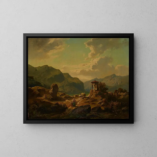 Mountain landscape painting with lake - Carlo Brioschi — framed artwork on a wall