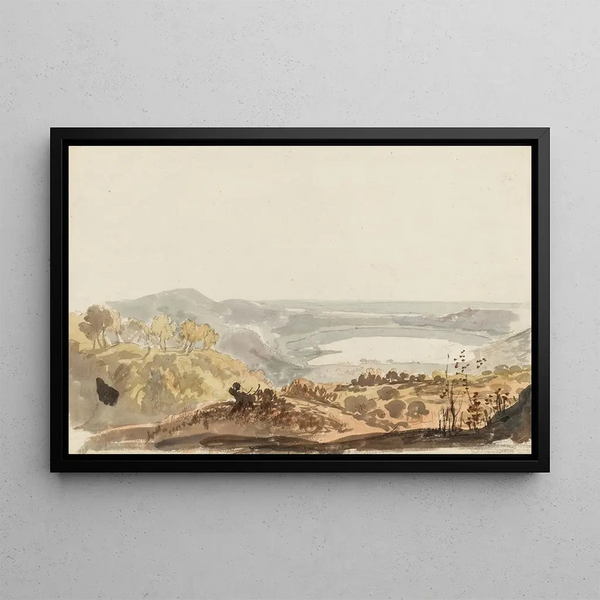 View of Lake Nemi towards Rome - Carlo Labruzzi — framed artwork on a wall