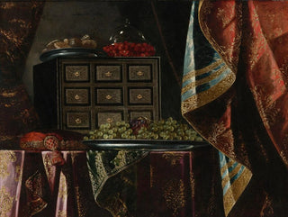 Nature morte with a chest, fruits, and other objects on a brocade-draped table - Carlo Manieri — artwork view