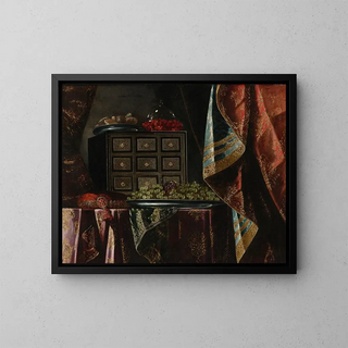 Nature morte with a chest, fruits, and other objects on a brocade-draped table - Carlo Manieri — framed artwork on a wall