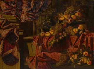 Fruit Still Life Painting on a Draped Brocade Edge - Carlo Manieri — artwork view