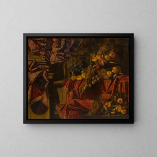 Fruit Still Life Painting on a Draped Brocade Edge - Carlo Manieri — framed artwork on a wall